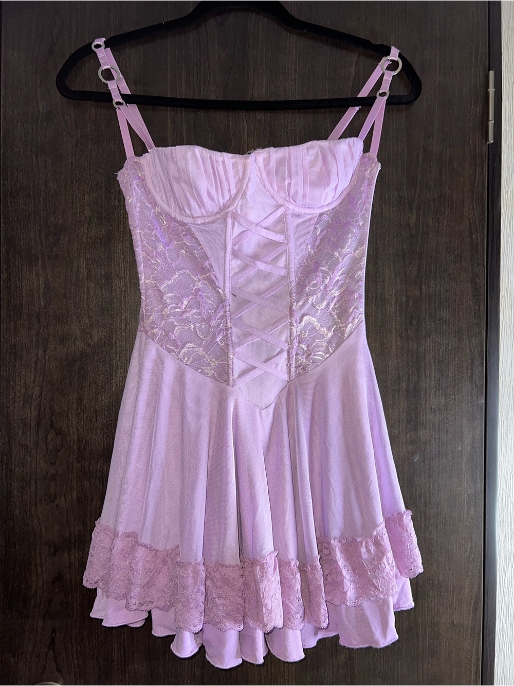 Lilac Lace-Trim Slip Dress with Corset Bodice